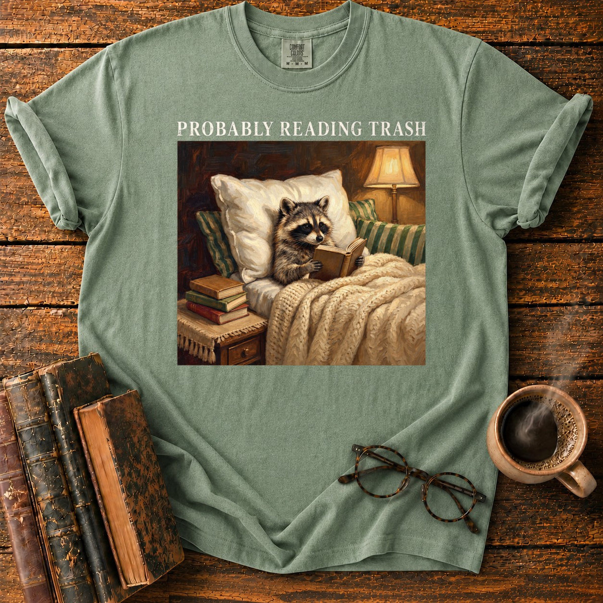 Probably Reading Trash Raccoon T-Shirt in Moss – BooksThreads