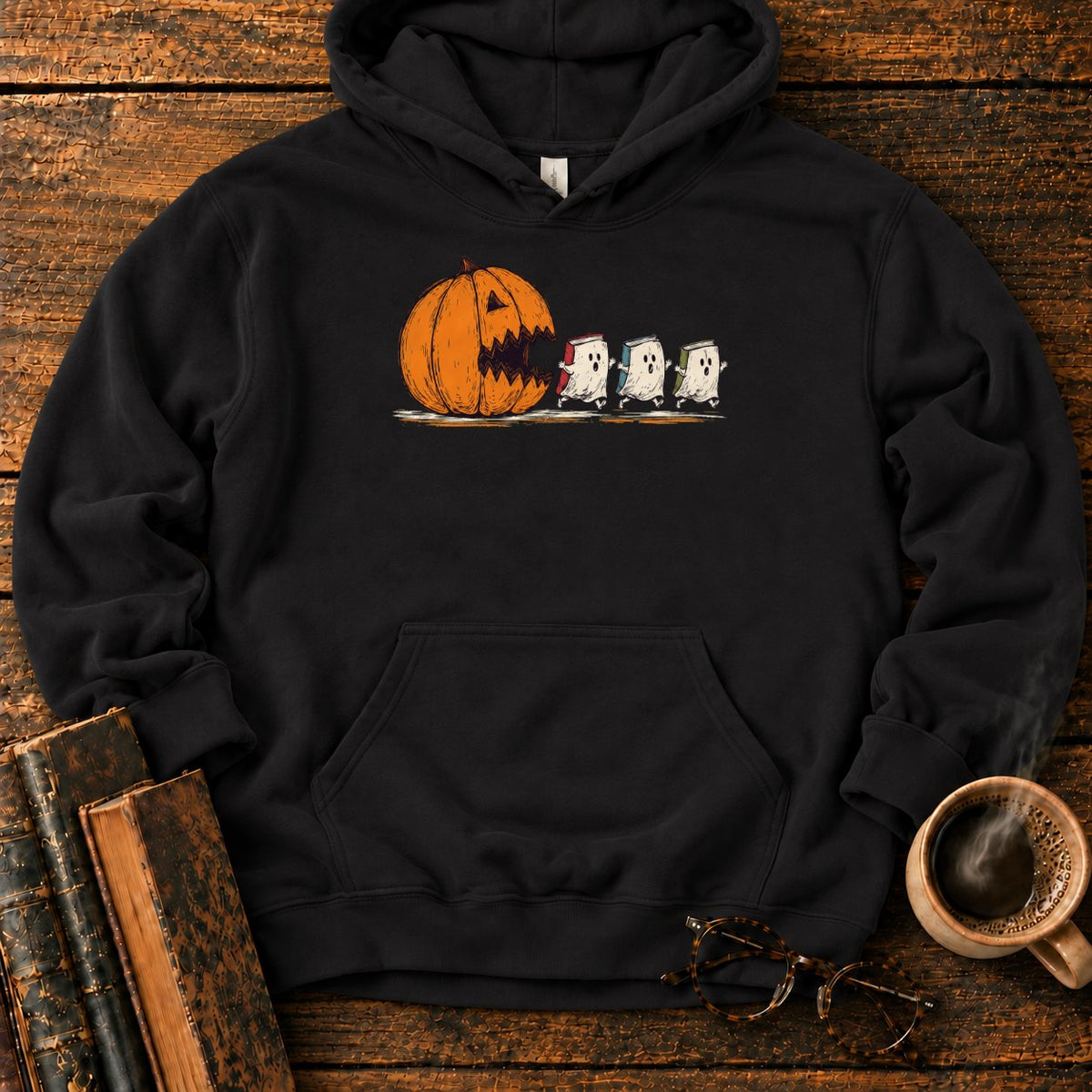 Pumpkin And Three Fleeing Book Ghosts Hoodie in Black – BooksThreads