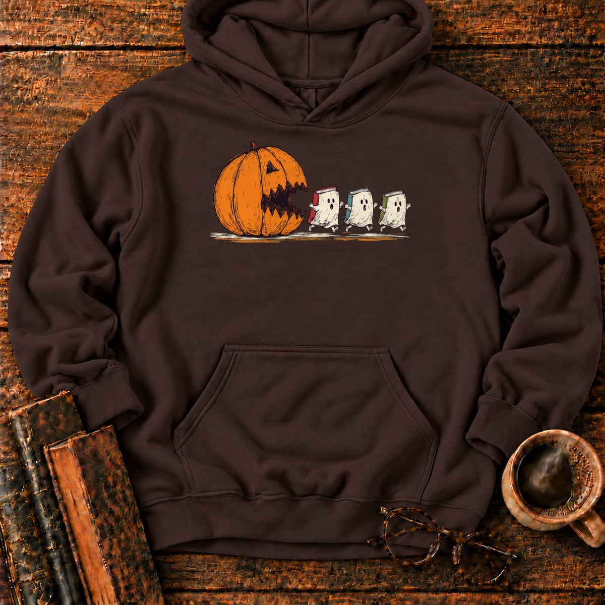 Pumpkin And Three Fleeing Book Ghosts Hoodie in Dark Chocolate – BooksThreads