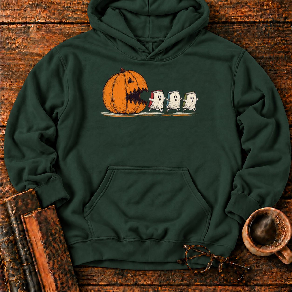 Pumpkin And Three Fleeing Book Ghosts Hoodie in Forest Green – BooksThreads