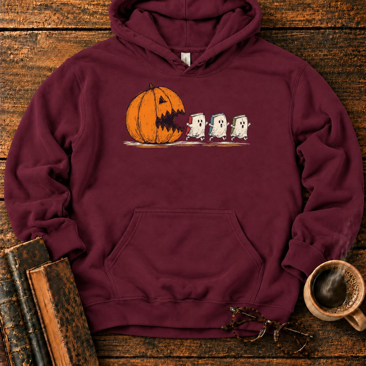 Pumpkin And Three Fleeing Book Ghosts Hoodie in Maroon – BooksThreads