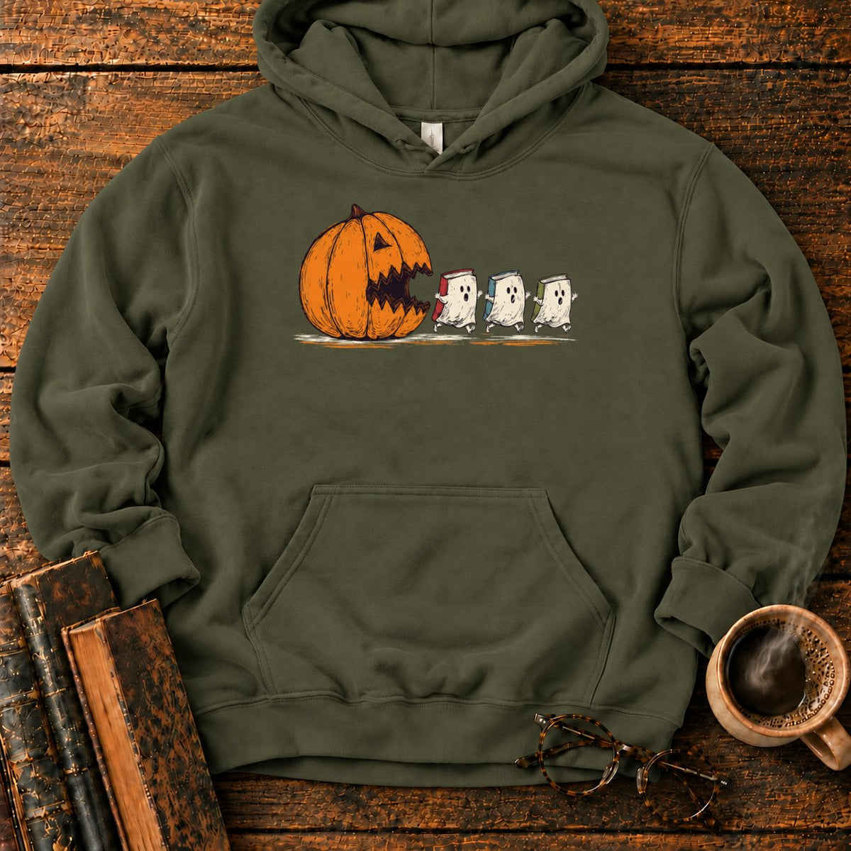 Pumpkin And Three Fleeing Book Ghosts Hoodie in Military Green – BooksThreads