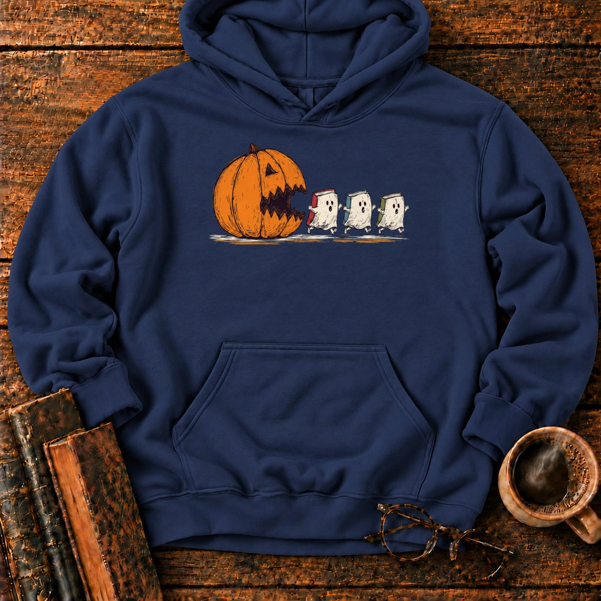 Pumpkin And Three Fleeing Book Ghosts Hoodie in Navy – BooksThreads