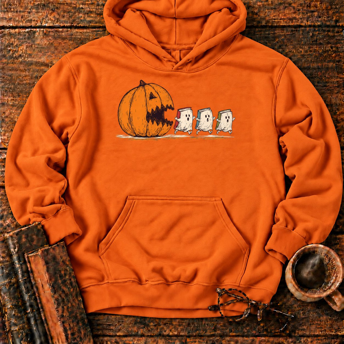 Pumpkin And Three Fleeing Book Ghosts Hoodie in Orange – BooksThreads