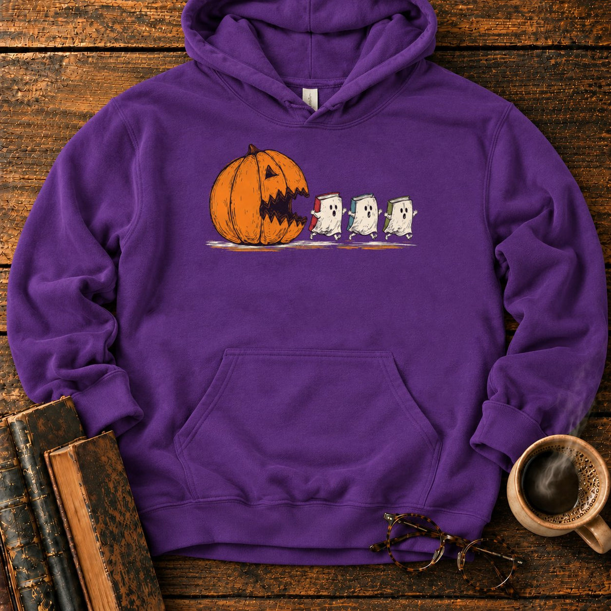Pumpkin And Three Fleeing Book Ghosts Hoodie in Purple – BooksThreads