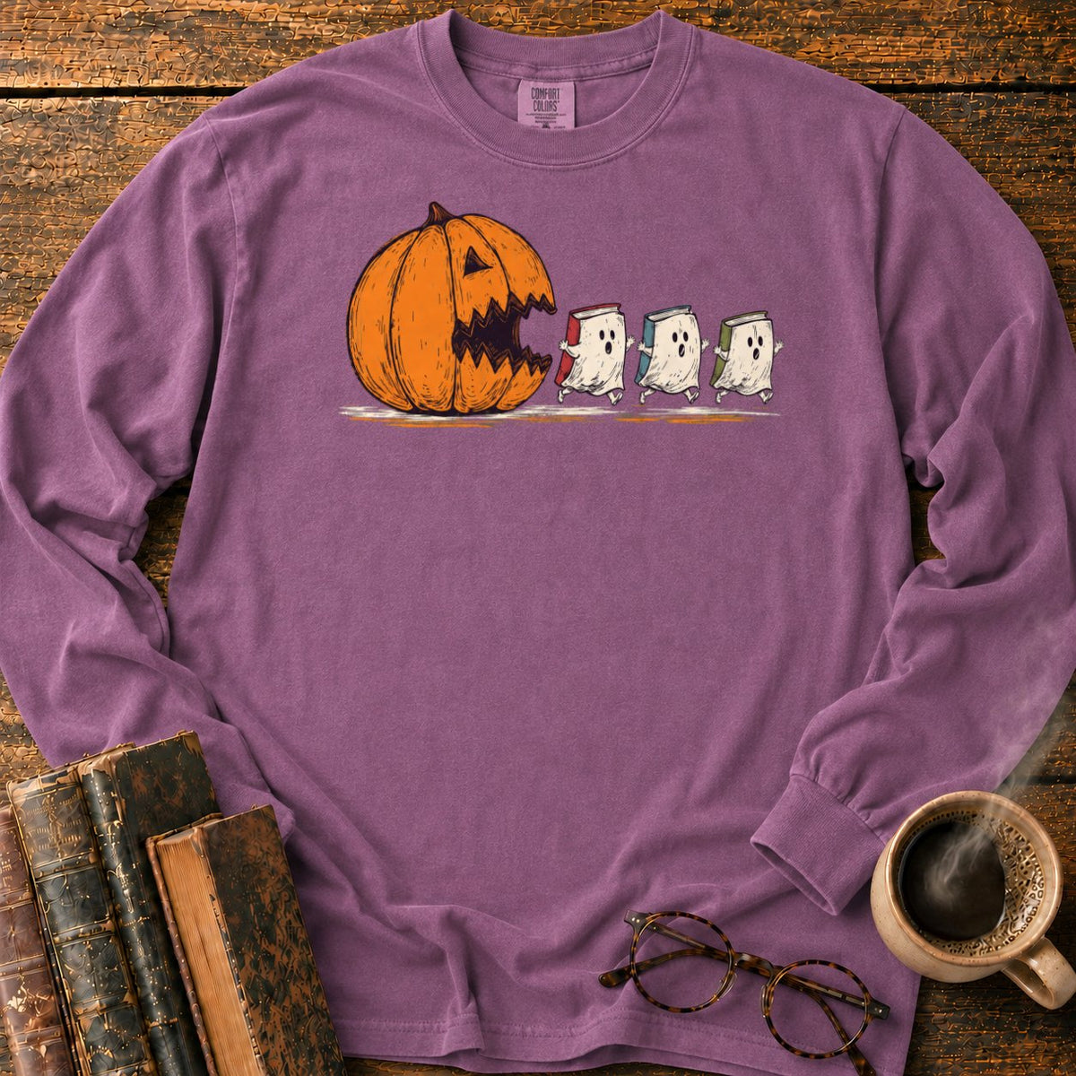 Pumpkin And Three Fleeing Book Ghosts LS T-Shirt in Berry – BooksThreads