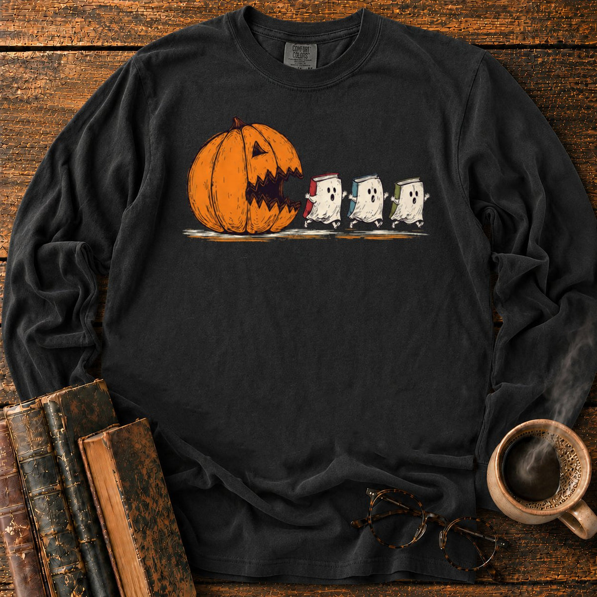 Pumpkin And Three Fleeing Book Ghosts LS T-Shirt in Black – BooksThreads
