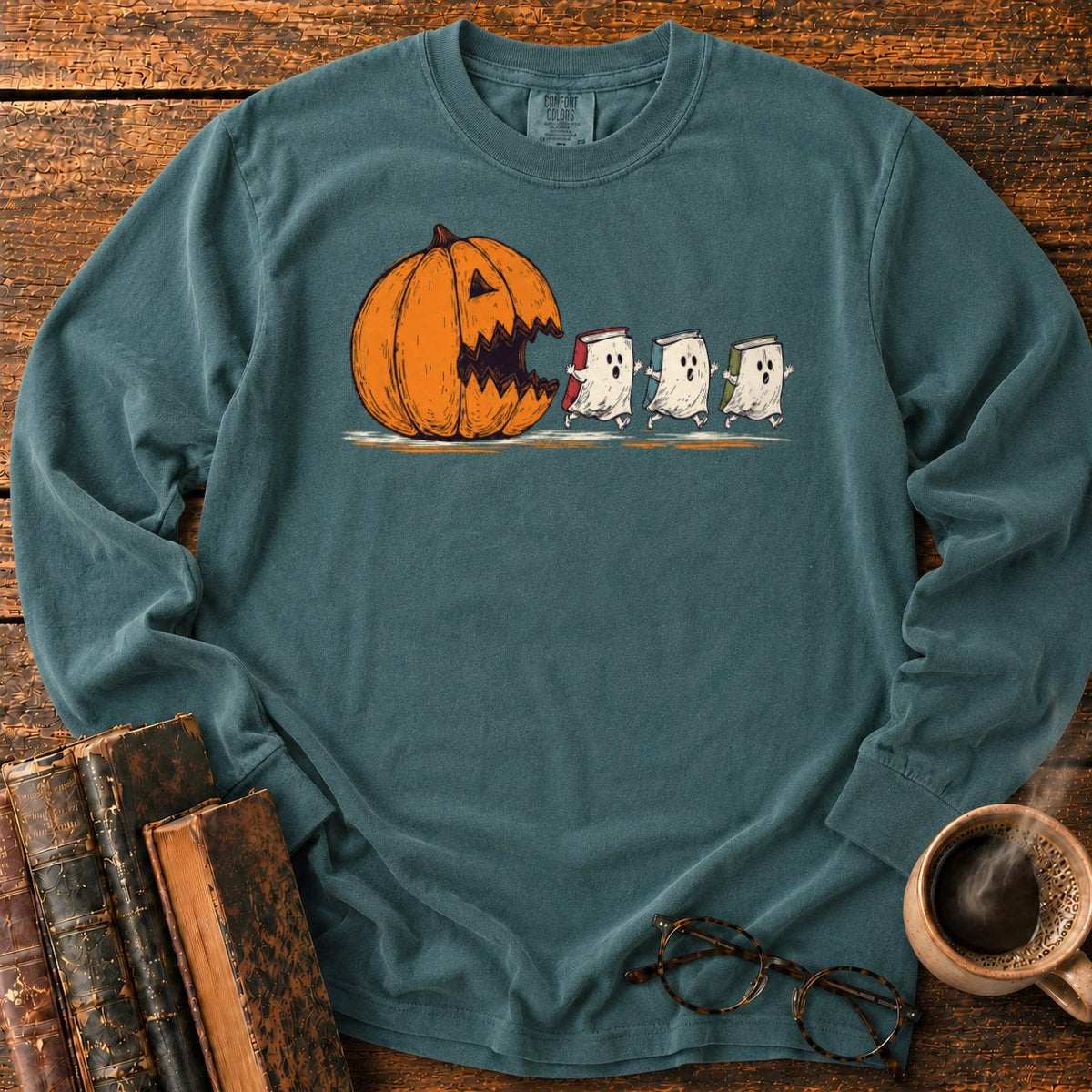 Pumpkin And Three Fleeing Book Ghosts LS T-Shirt in Blue Spruce – BooksThreads