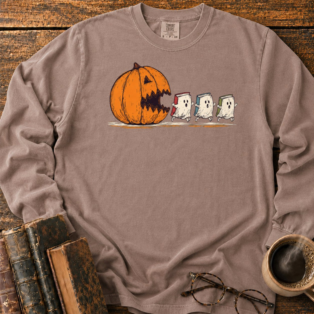 Pumpkin And Three Fleeing Book Ghosts LS T-Shirt in Espresso – BooksThreads