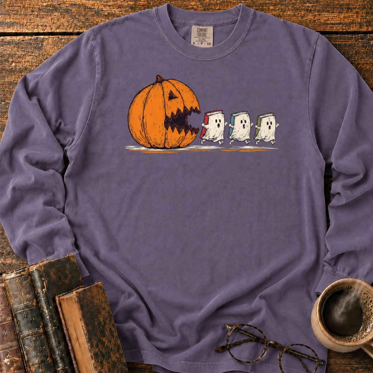 Pumpkin And Three Fleeing Book Ghosts LS T-Shirt in Grape – BooksThreads