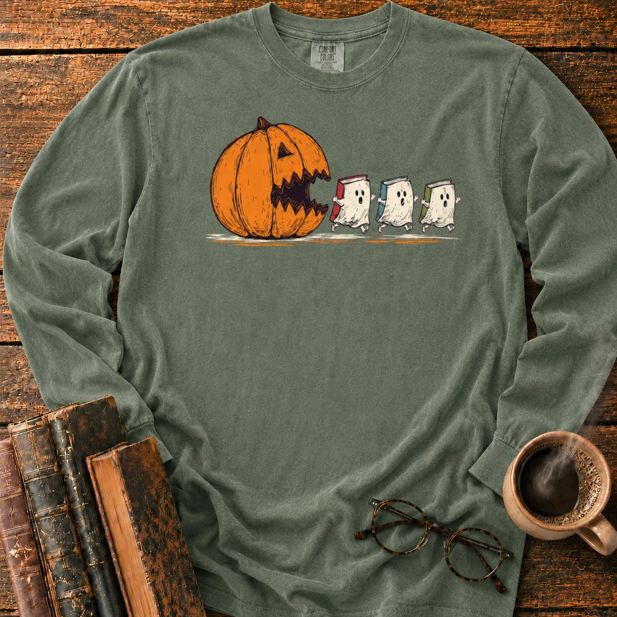 Pumpkin And Three Fleeing Book Ghosts LS T-Shirt in Hemp – BooksThreads