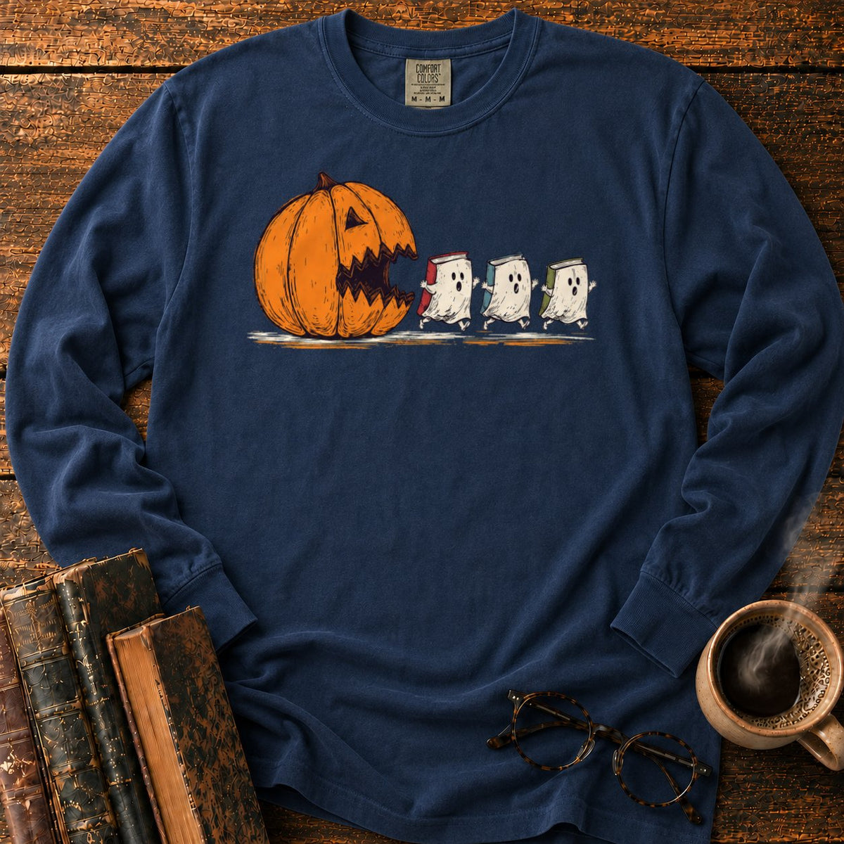 Pumpkin And Three Fleeing Book Ghosts LS T-Shirt in Midnight – BooksThreads