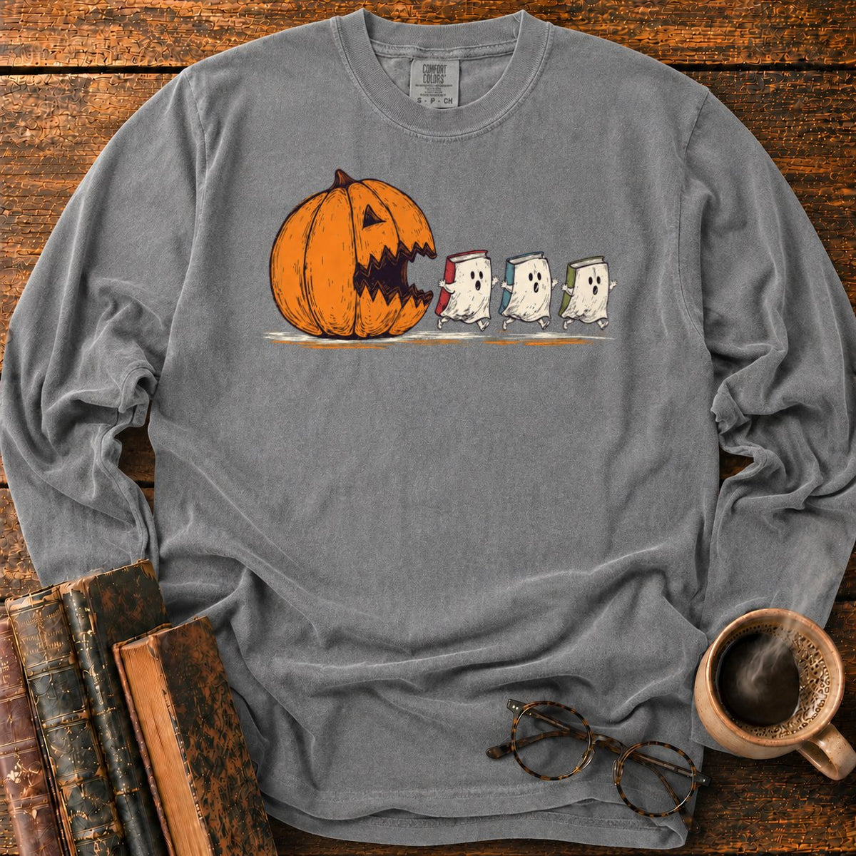 Pumpkin And Three Fleeing Book Ghosts LS T-Shirt in Pepper – BooksThreads