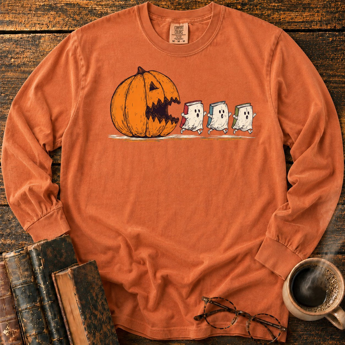 Pumpkin And Three Fleeing Book Ghosts LS T-Shirt in Yam – BooksThreads