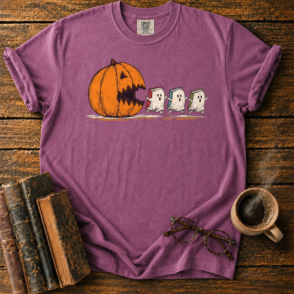 Pumpkin And Three Fleeing Book Ghosts T-Shirt in Berry – BooksThreads