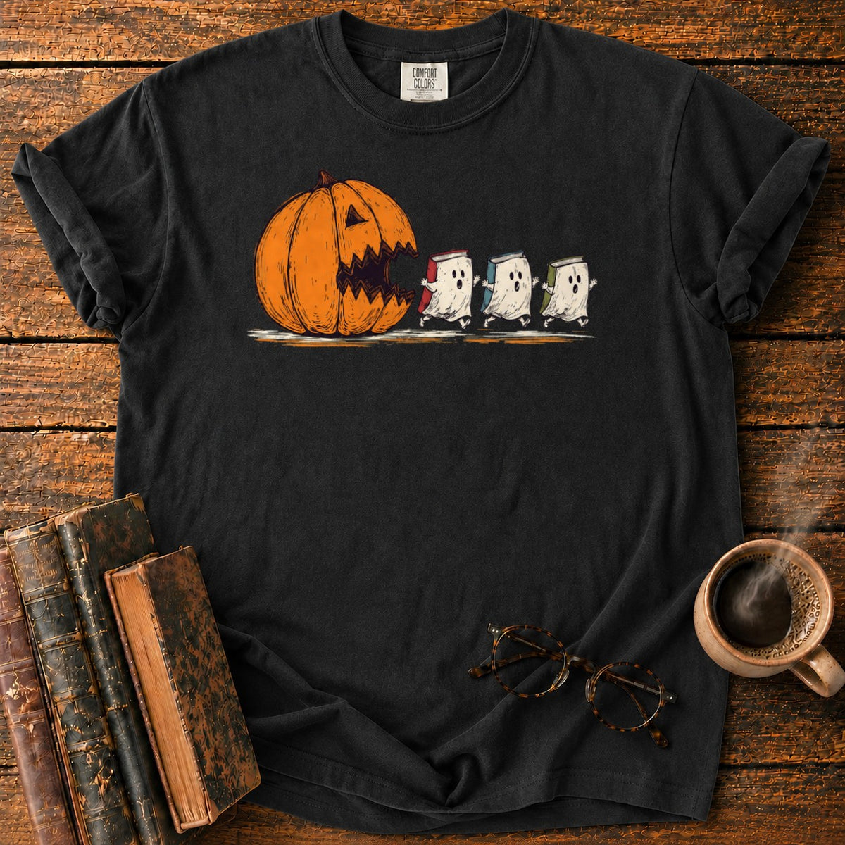 Pumpkin And Three Fleeing Book Ghosts T-Shirt in Black – BooksThreads