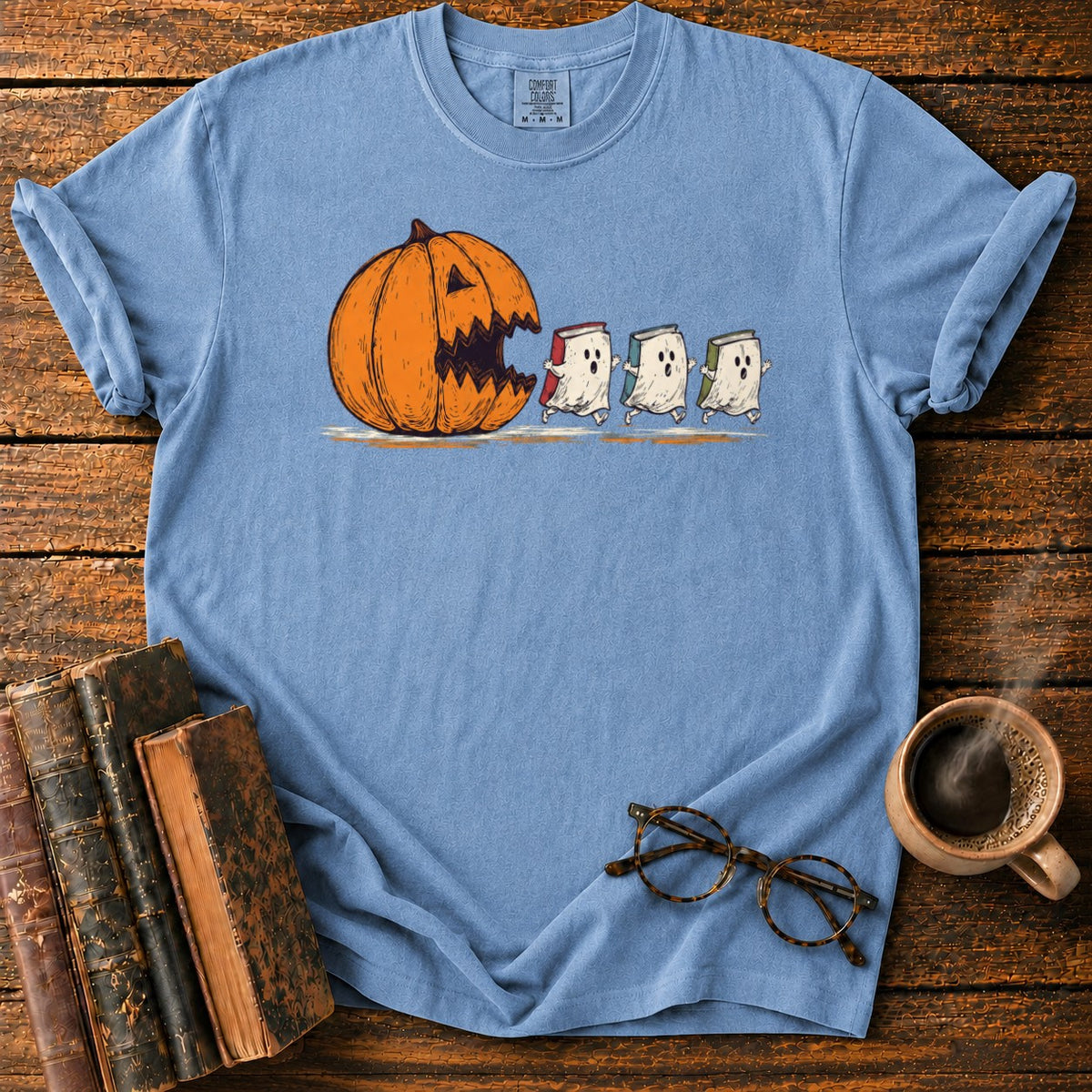 Pumpkin And Three Fleeing Book Ghosts T-Shirt in Blue Jean – BooksThreads