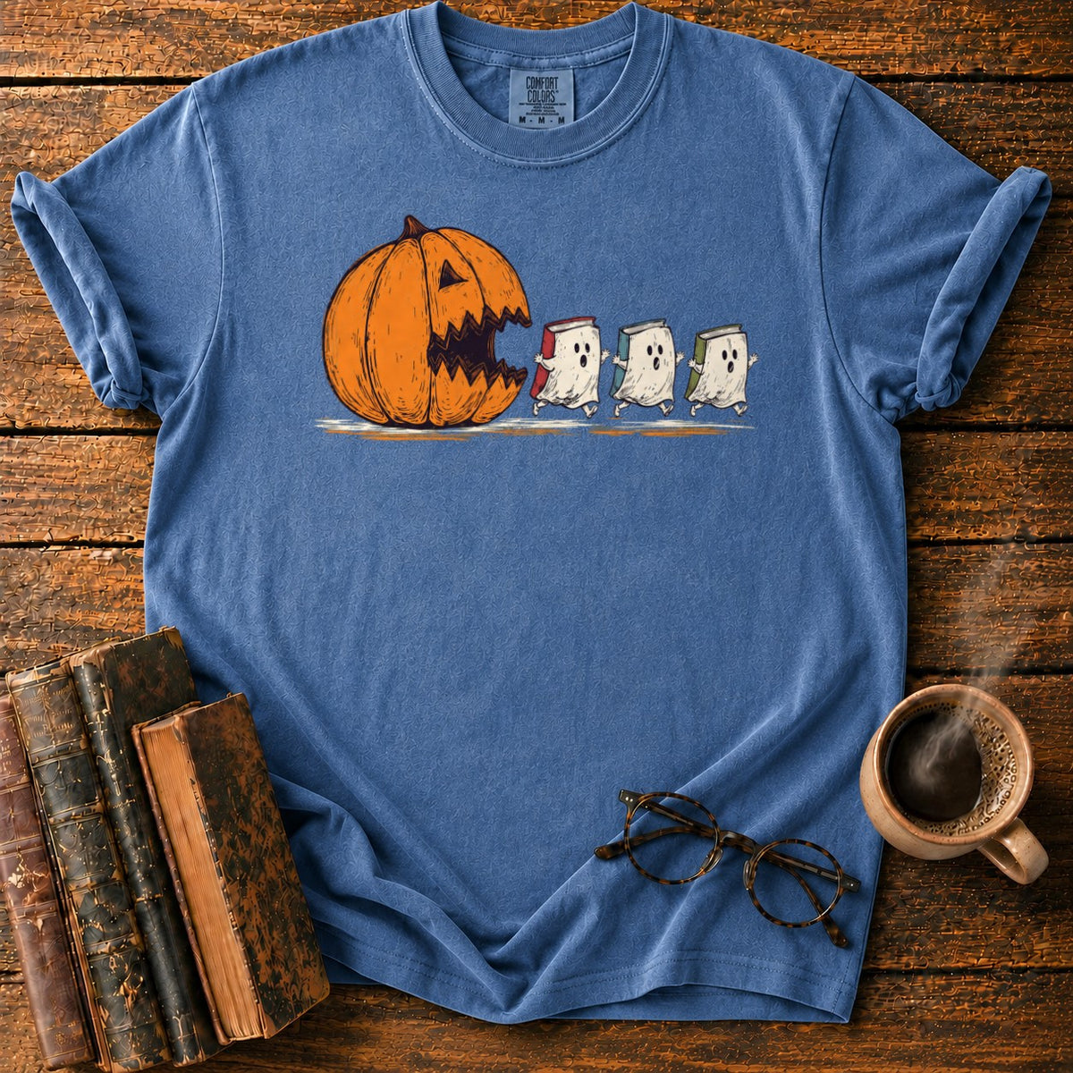 Pumpkin And Three Fleeing Book Ghosts T-Shirt in Denim – BooksThreads