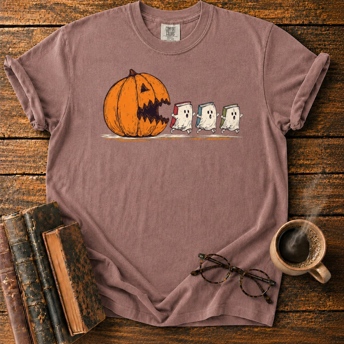 Pumpkin And Three Fleeing Book Ghosts T-Shirt in Espresso – BooksThreads