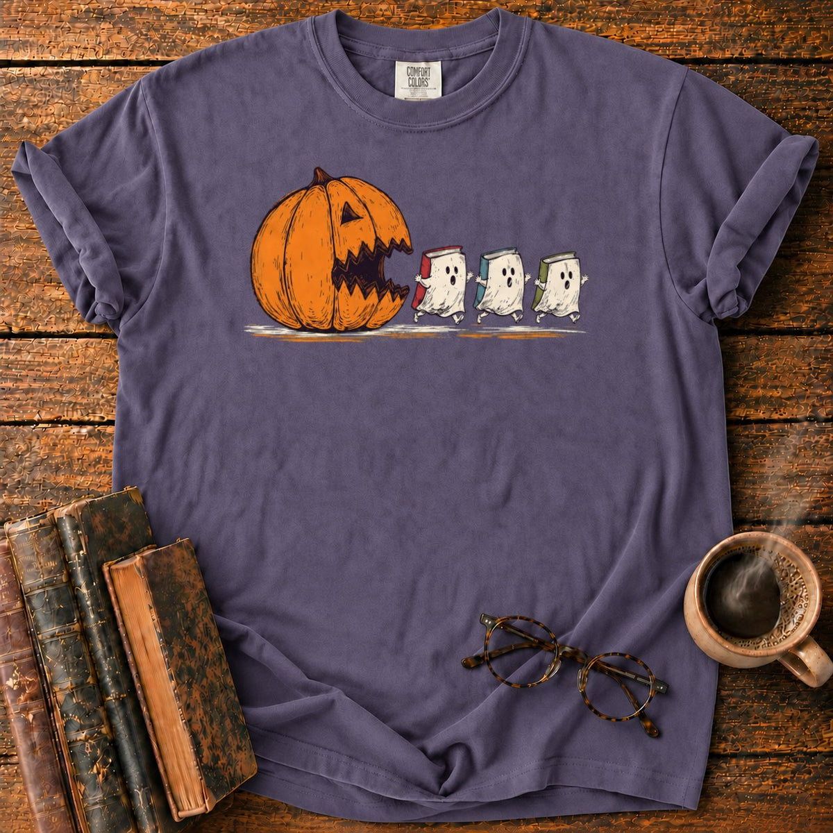 Pumpkin And Three Fleeing Book Ghosts T-Shirt in Grape – BooksThreads
