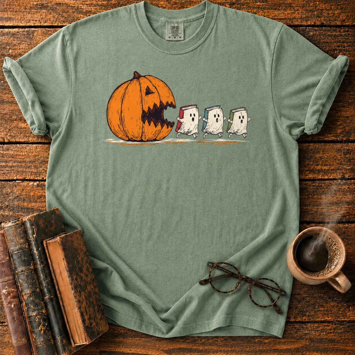 Pumpkin And Three Fleeing Book Ghosts T-Shirt in Moss – BooksThreads
