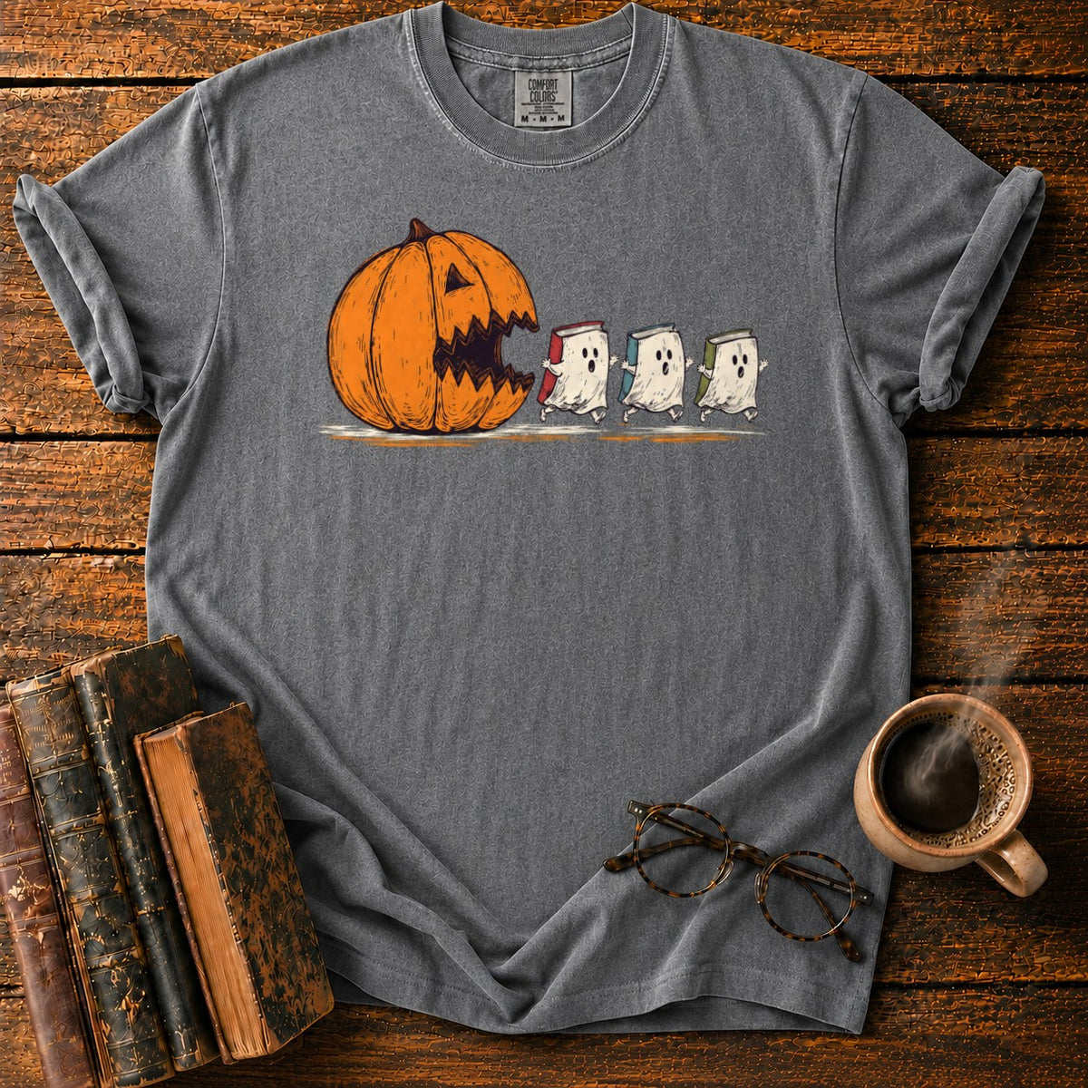 Pumpkin And Three Fleeing Book Ghosts T-Shirt in Pepper – BooksThreads