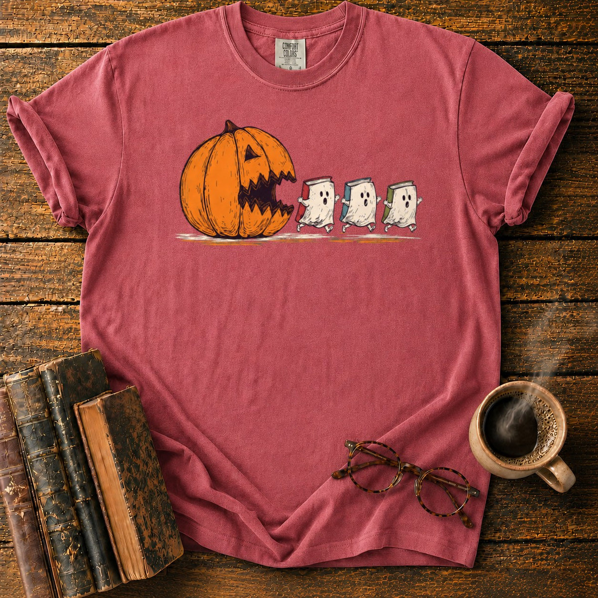 Pumpkin And Three Fleeing Book Ghosts T-Shirt in Watermelon – BooksThreads