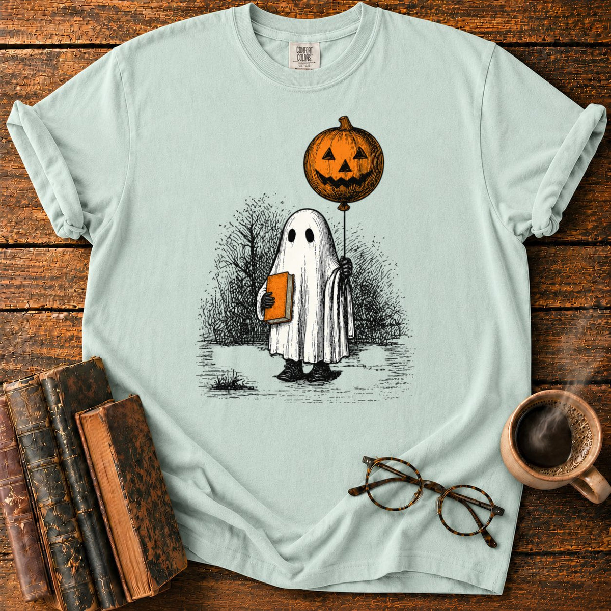 Pumpkin Balloon Ghost T-Shirt in Bay – BooksThreads