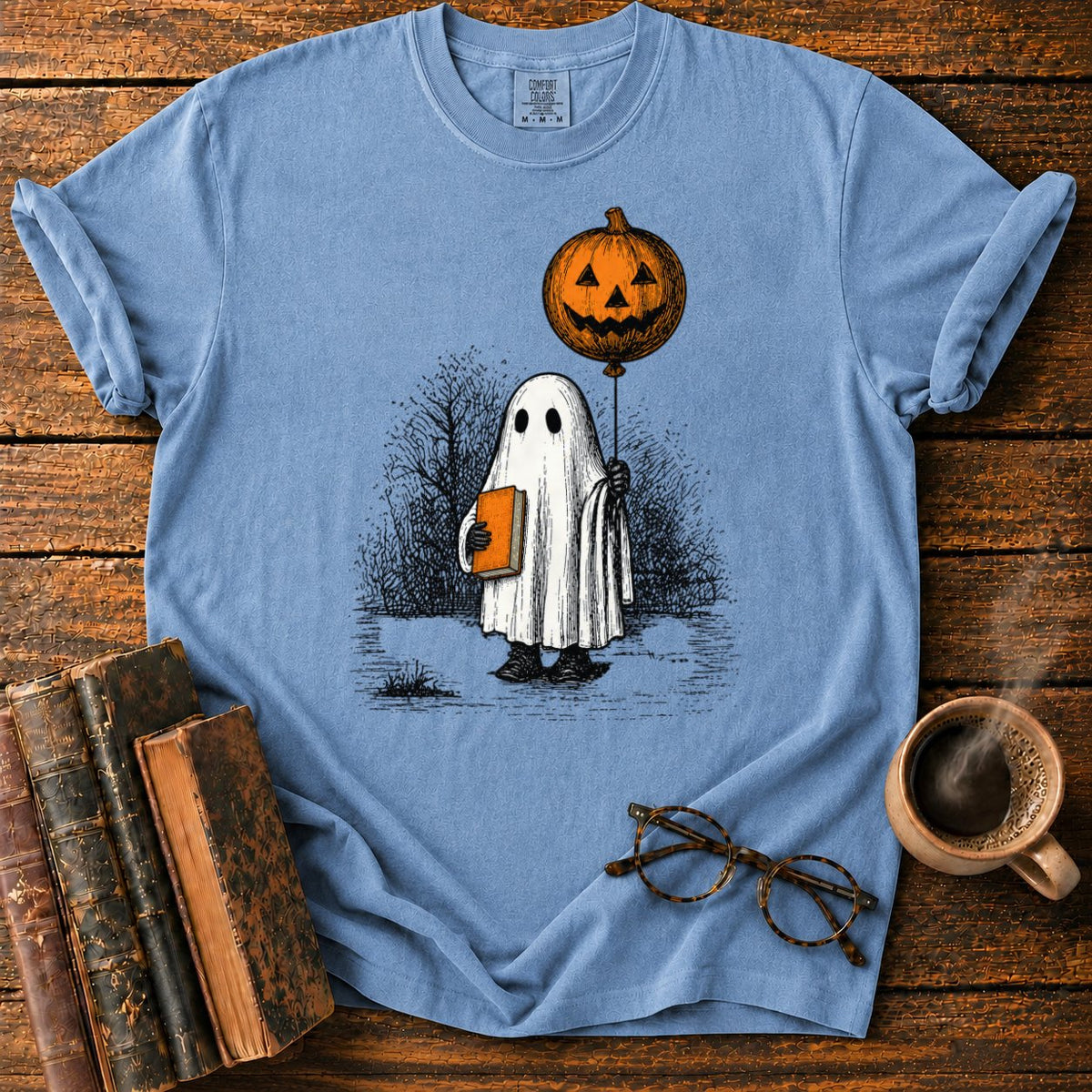 Pumpkin Balloon Ghost T-Shirt in Blue Jean – BooksThreads