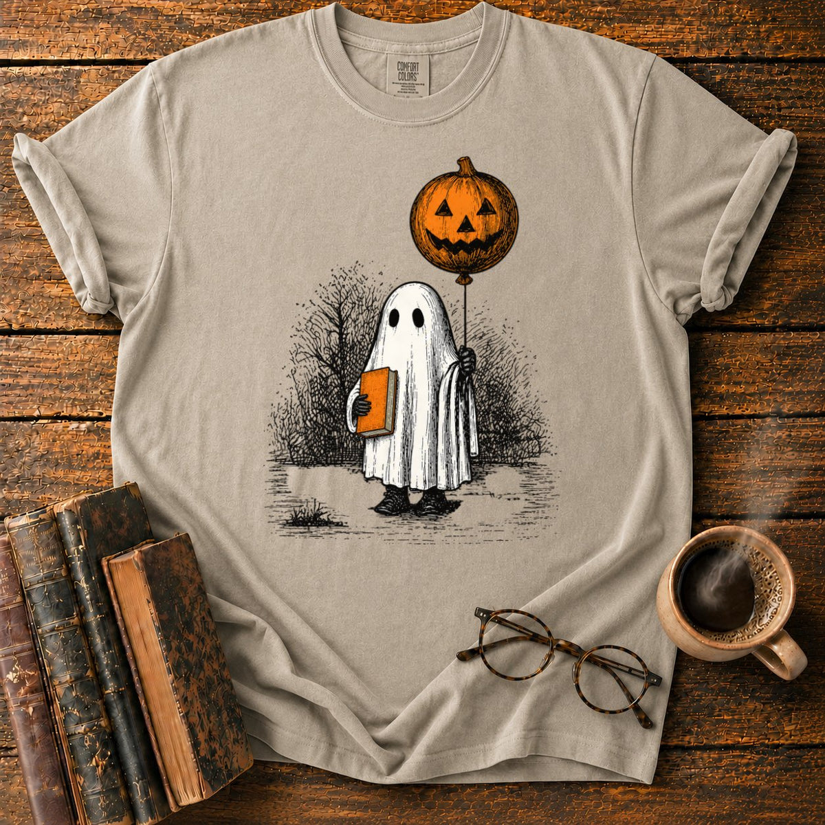 Pumpkin Balloon Ghost T-Shirt in Khaki – BooksThreads