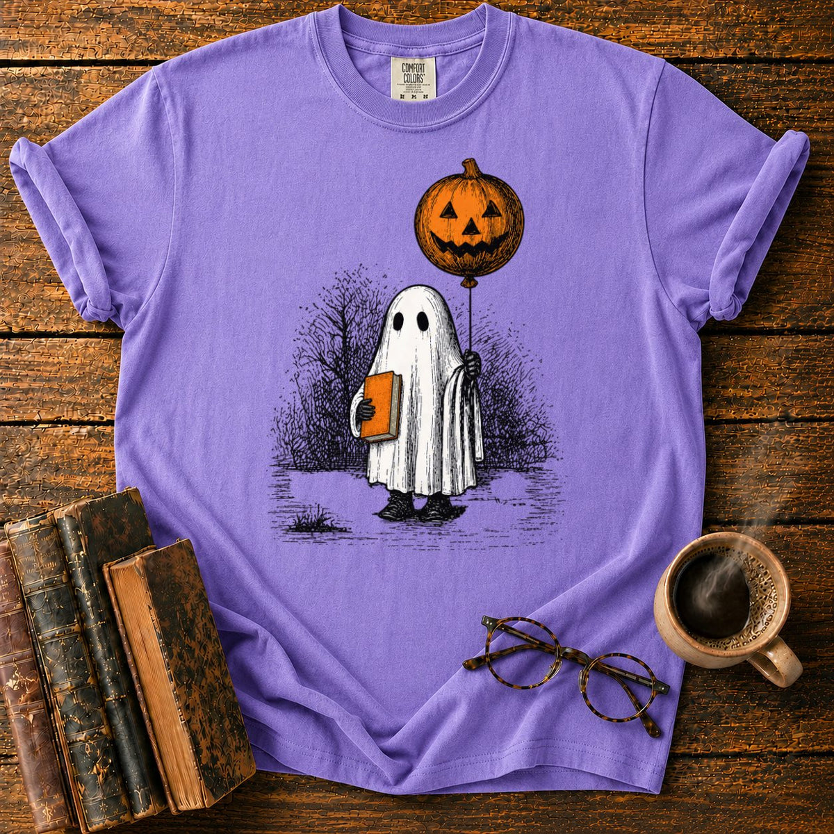 Pumpkin Balloon Ghost T-Shirt in Violet – BooksThreads