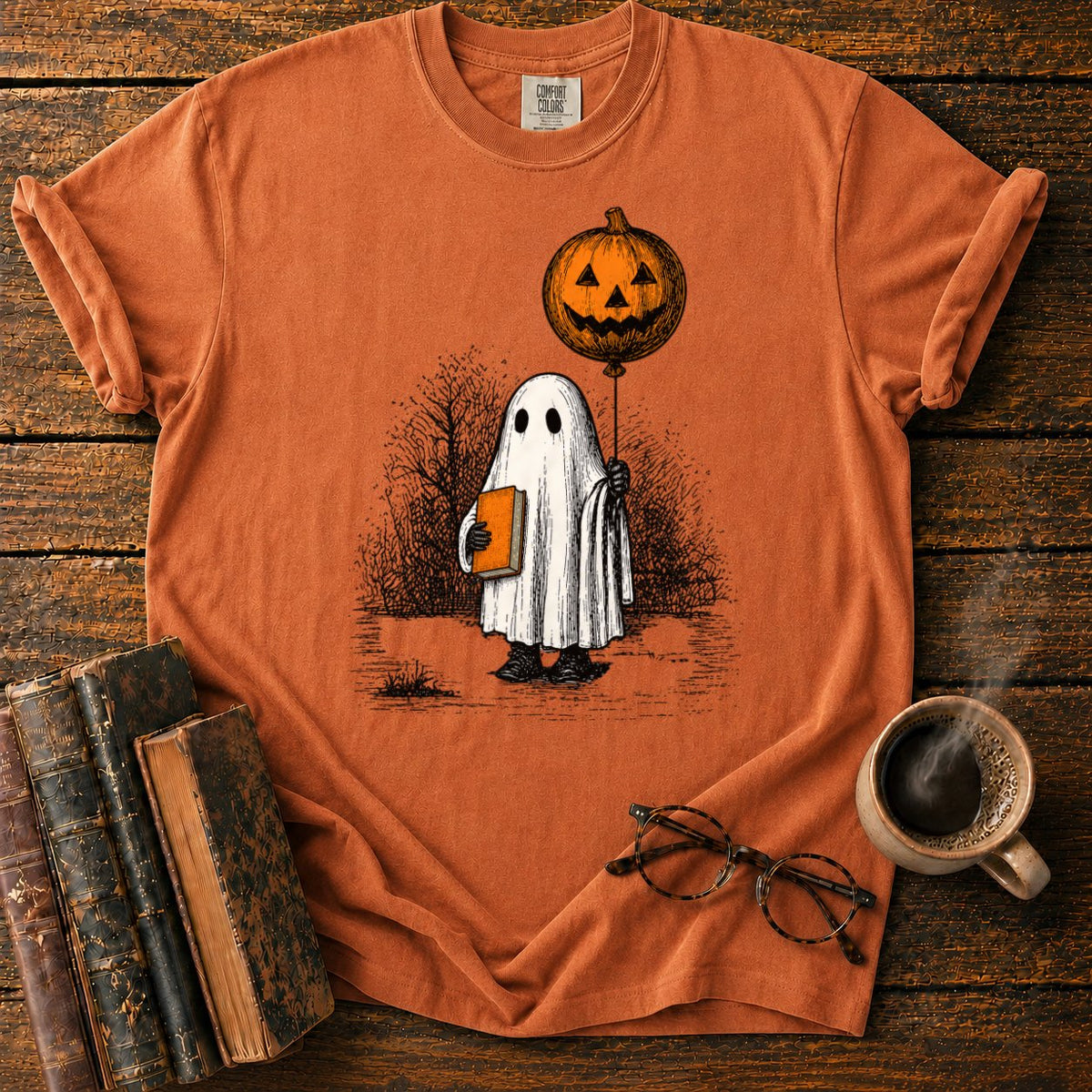 Pumpkin Balloon Ghost T-Shirt in Yam – BooksThreads