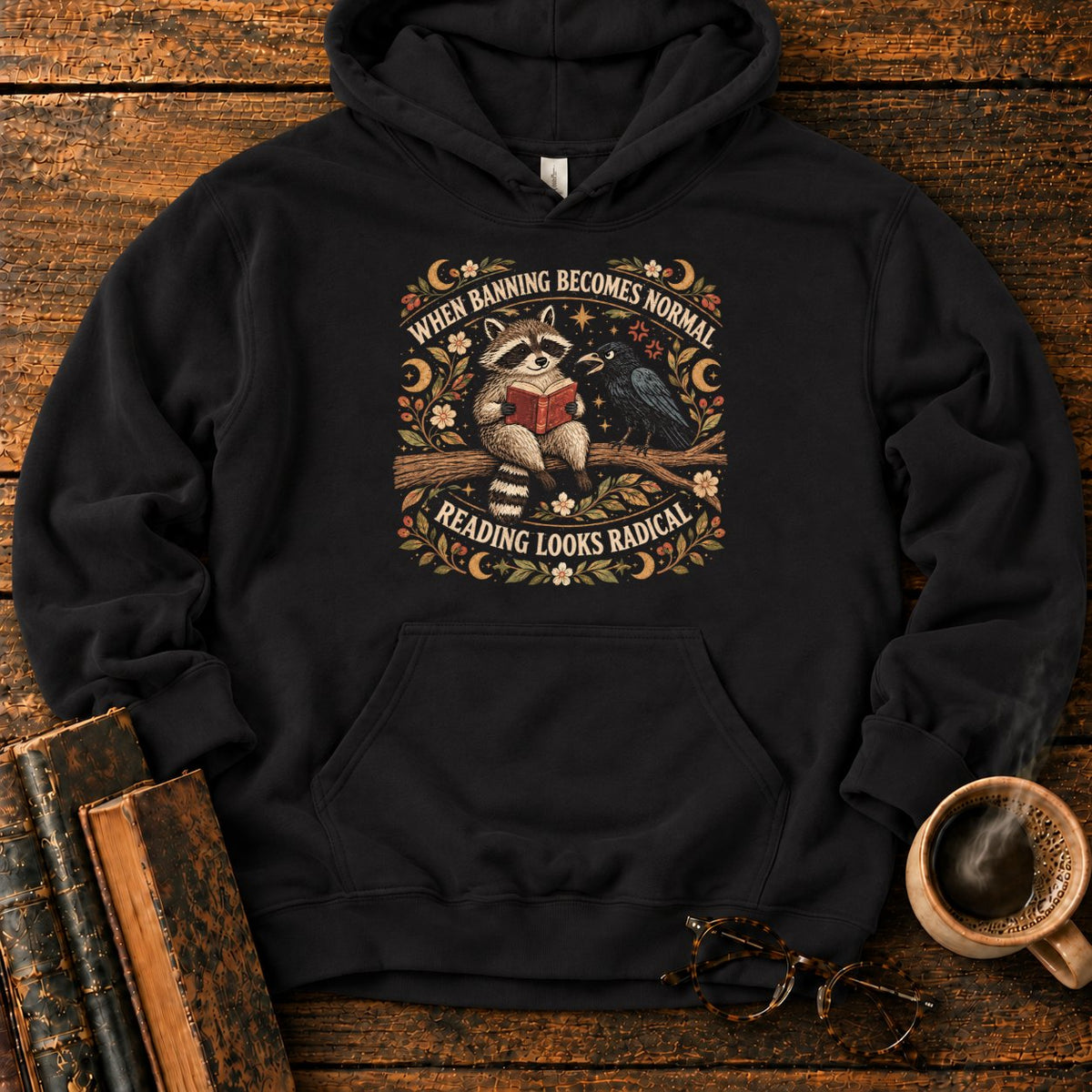 Raccoon Reader And Raven Hoodie in Black – BooksThreads