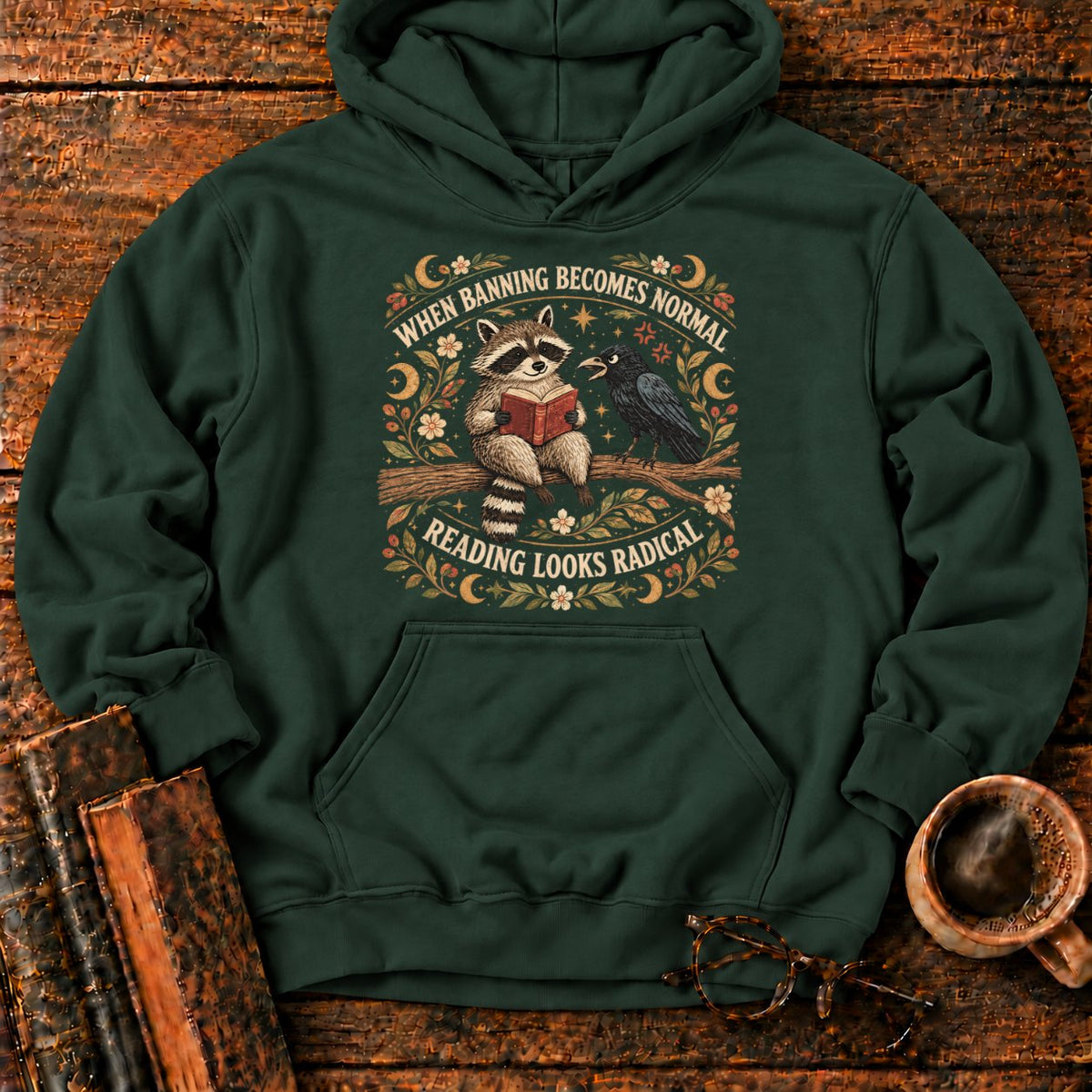 Raccoon Reader And Raven Hoodie in Forest Green – BooksThreads