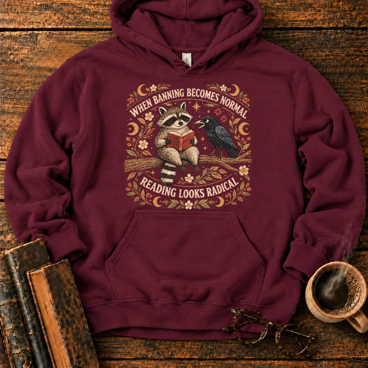 Raccoon Reader And Raven Hoodie in Maroon – BooksThreads