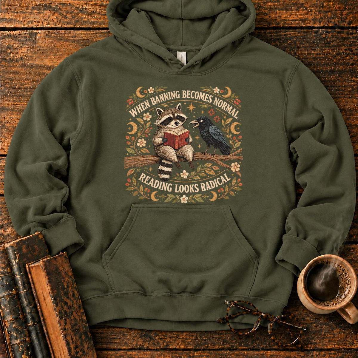Raccoon Reader And Raven Hoodie in Military Green – BooksThreads