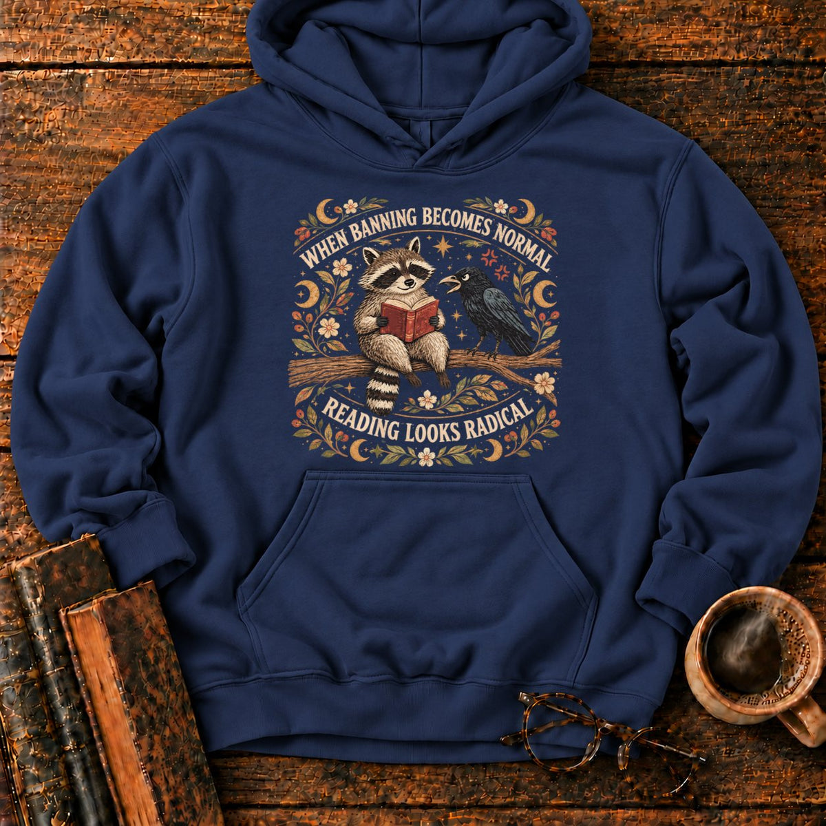 Raccoon Reader And Raven Hoodie in Navy – BooksThreads