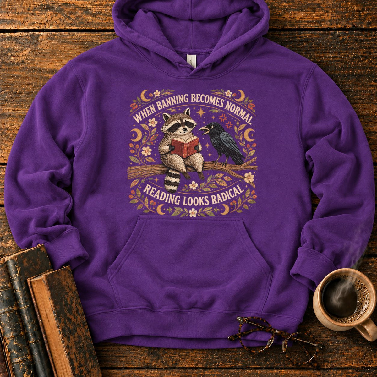 Raccoon Reader And Raven Hoodie in Purple – BooksThreads