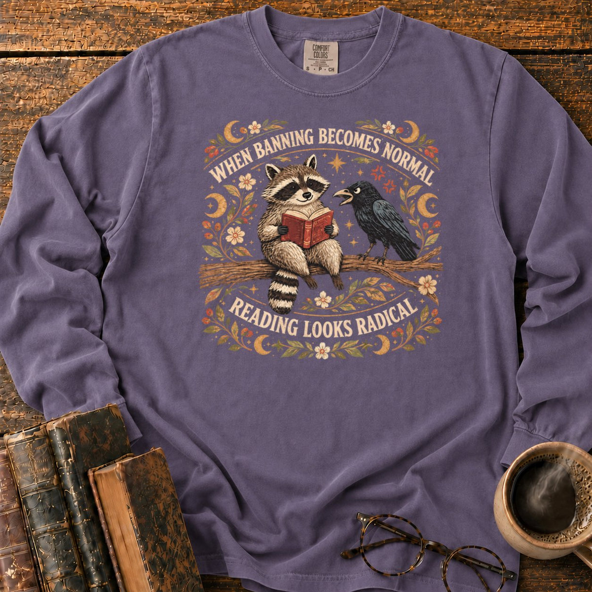 Raccoon Reader And Raven LS T-Shirt in Grape – BooksThreads
