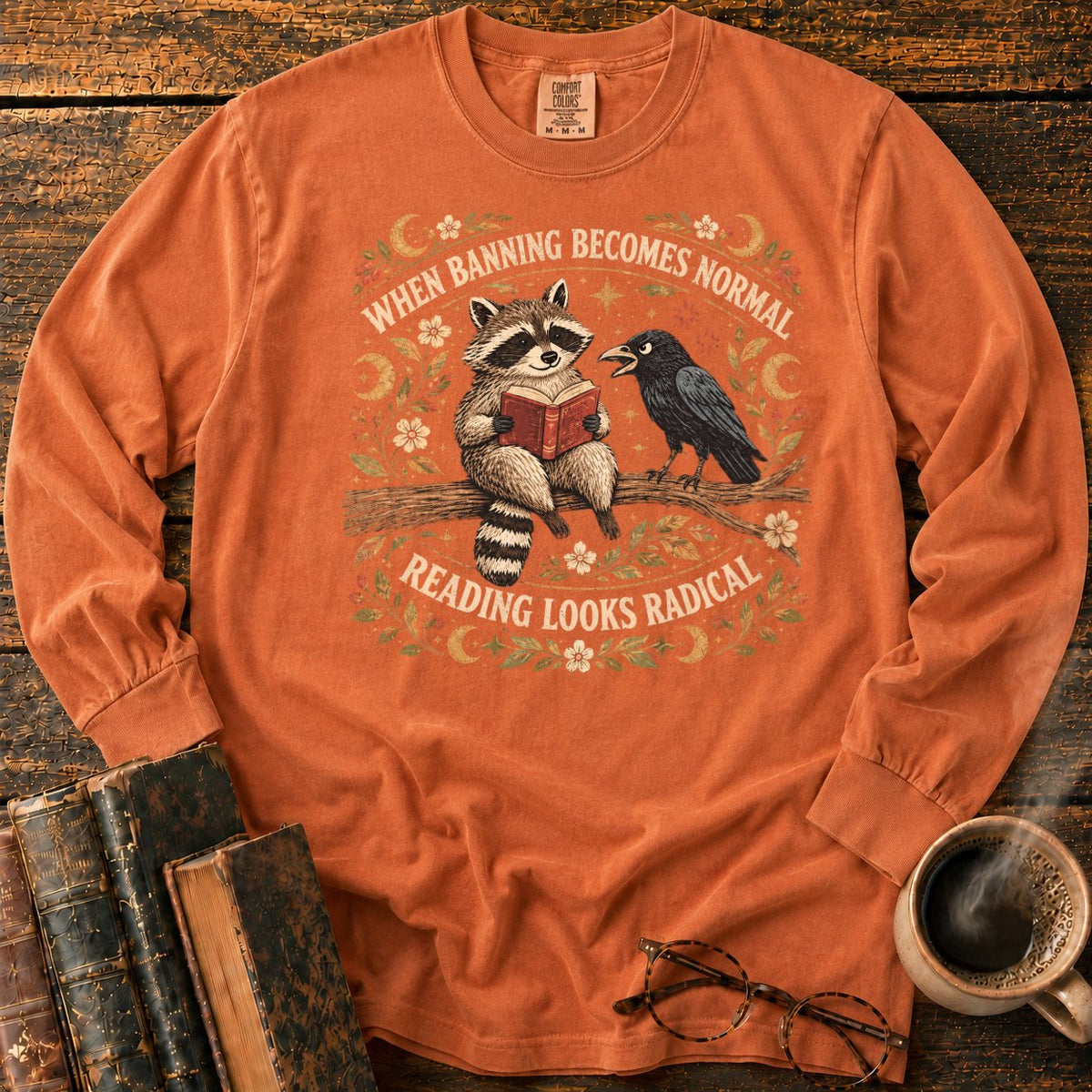 Raccoon Reader And Raven LS T-Shirt in Yam – BooksThreads