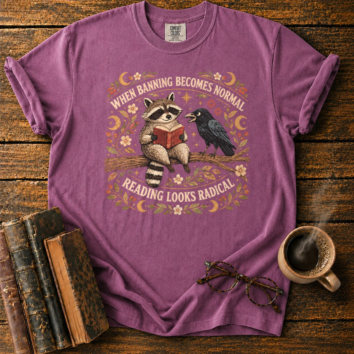 Raccoon Reader And Raven T-Shirt in Berry – BooksThreads