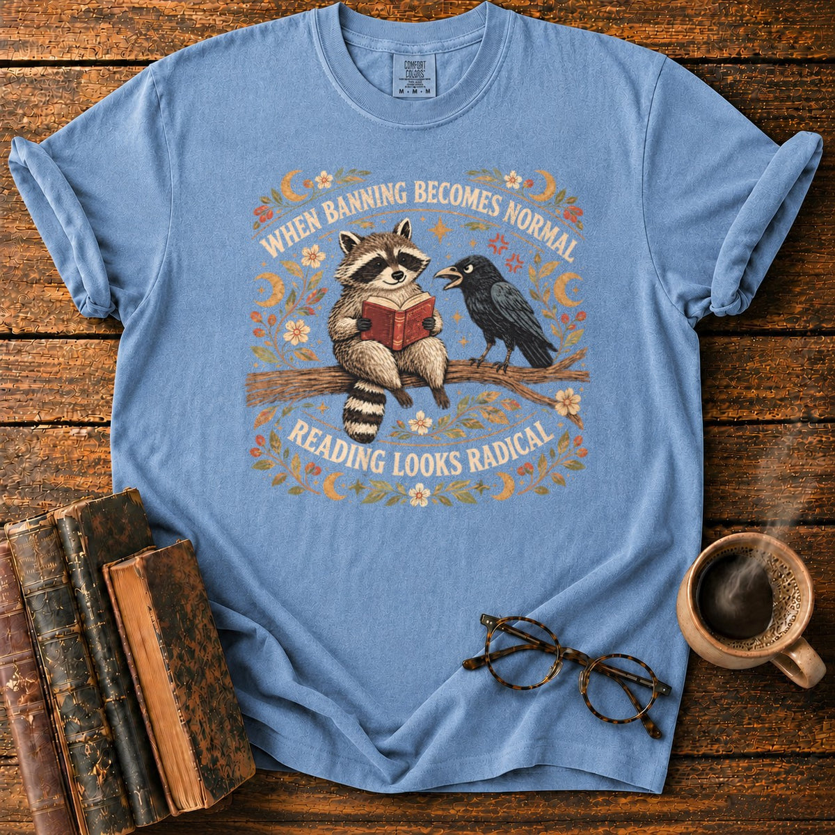 Raccoon Reader And Raven T-Shirt in Blue Jean – BooksThreads