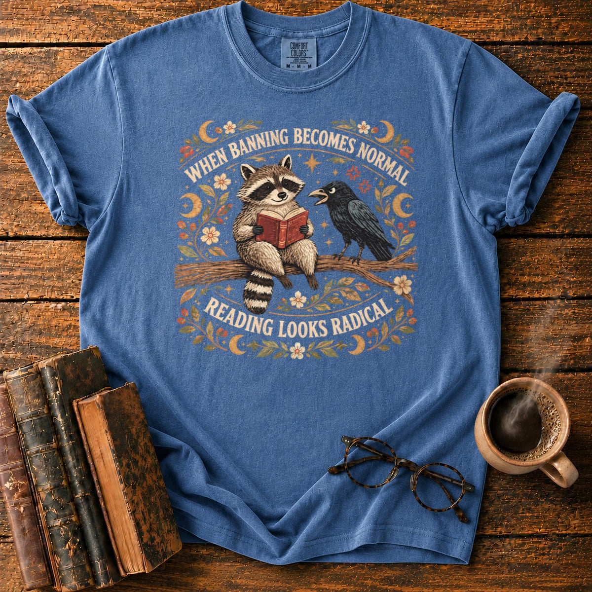 Raccoon Reader And Raven T-Shirt in Denim – BooksThreads
