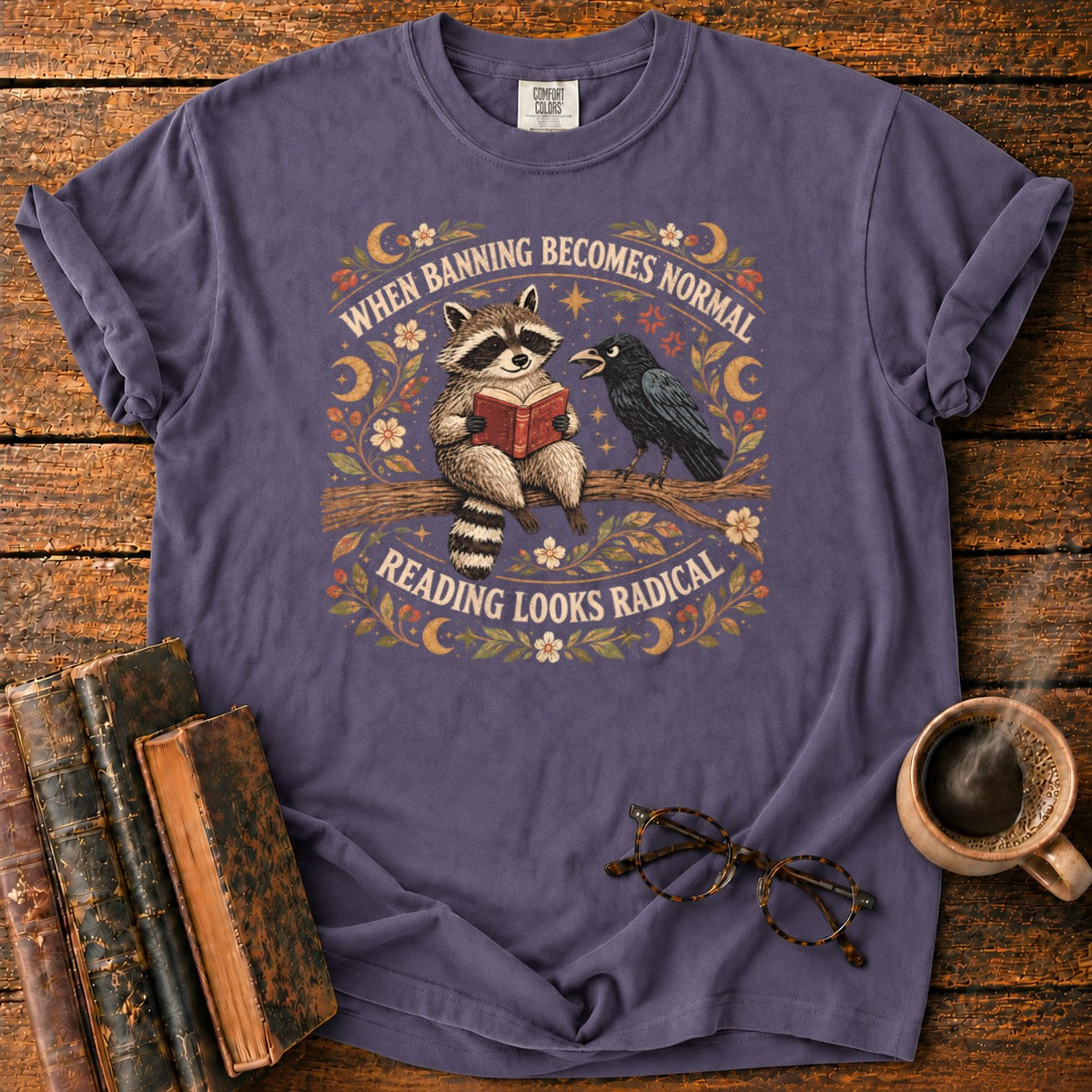 Raccoon Reader And Raven T-Shirt in Grape – BooksThreads