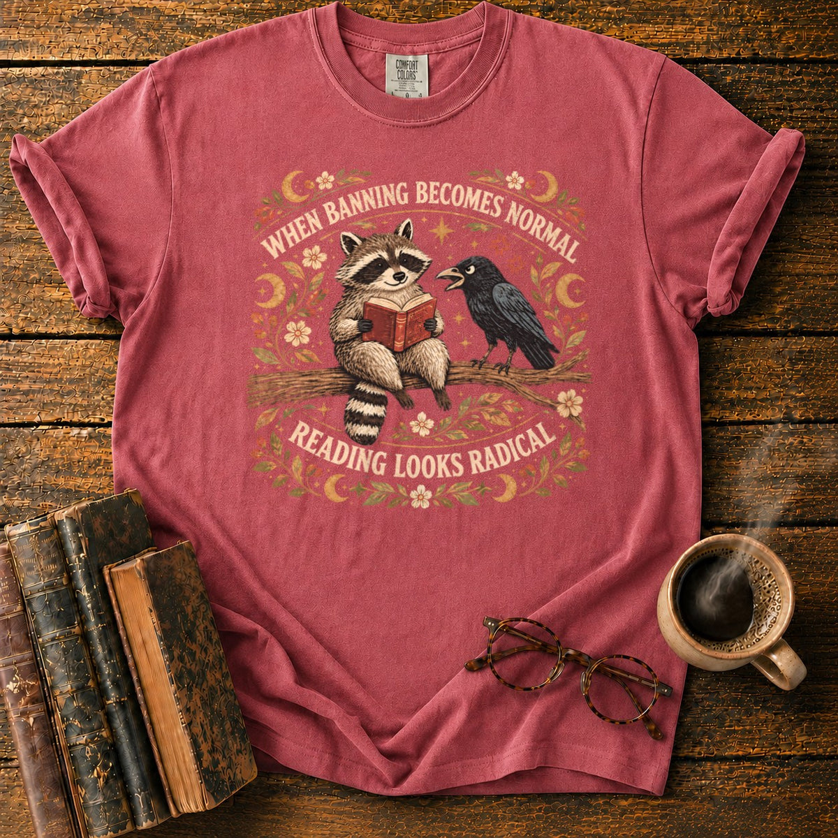Raccoon Reader And Raven T-Shirt in Watermelon – BooksThreads