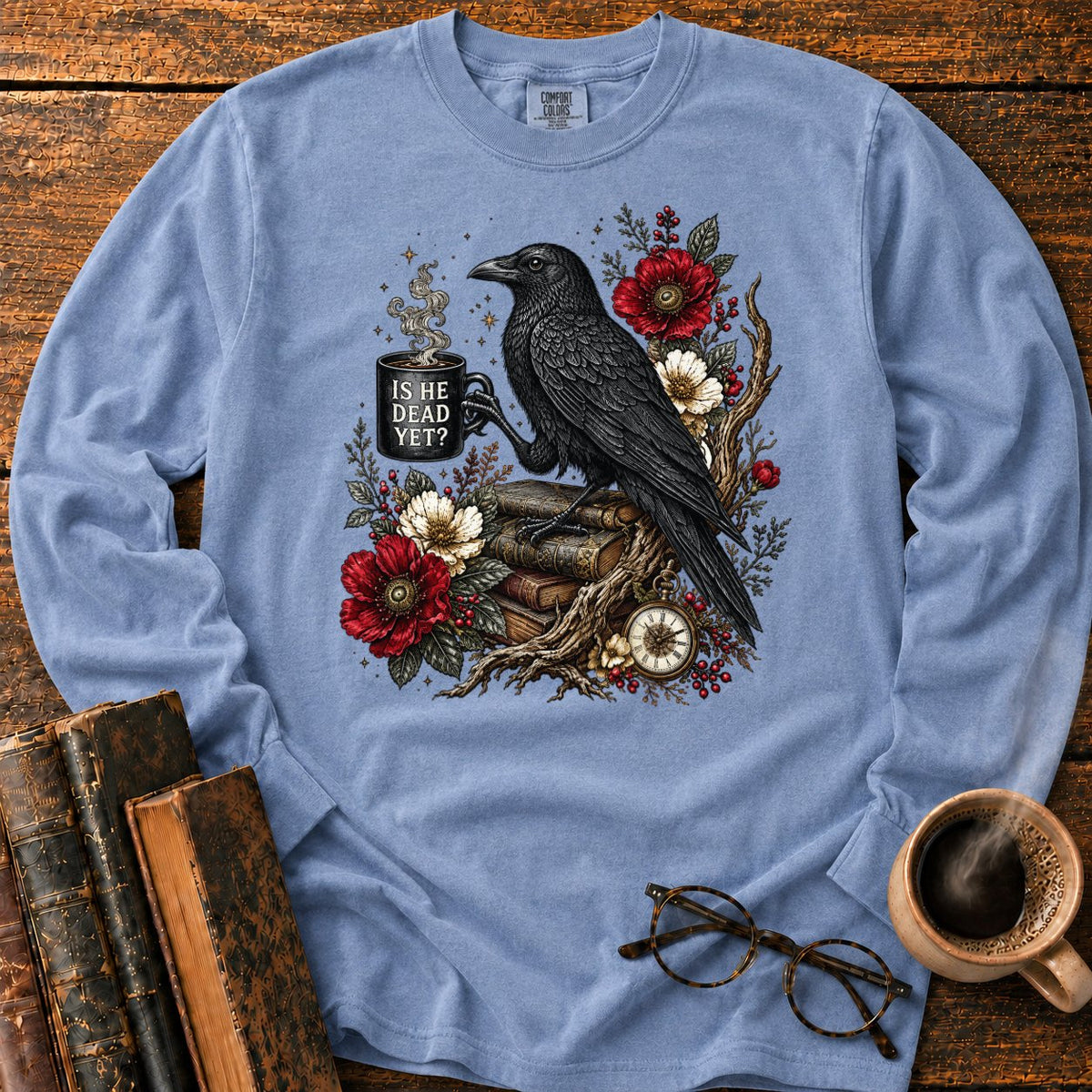 Raven, Mug And Old Books LS T-Shirt in Blue Jean – BooksThreads