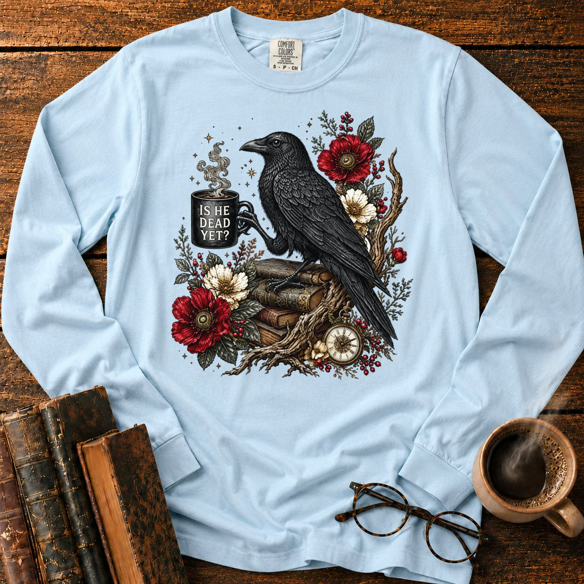 Raven, Mug And Old Books LS T-Shirt in Chambray – BooksThreads