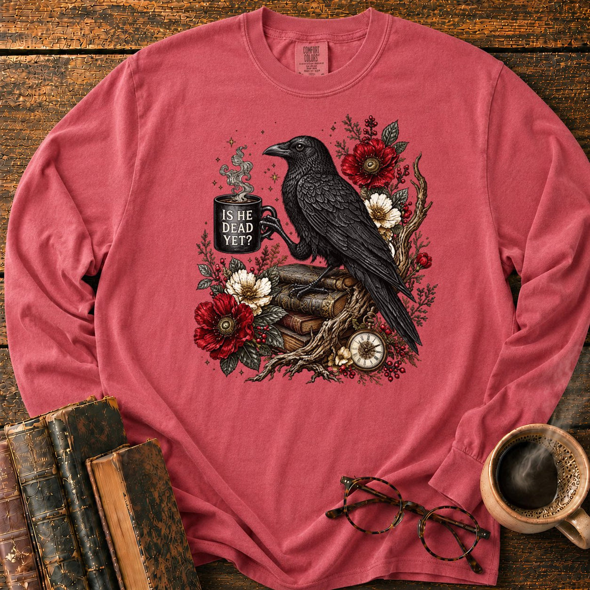 Raven, Mug And Old Books LS T-Shirt in Crimson – BooksThreads
