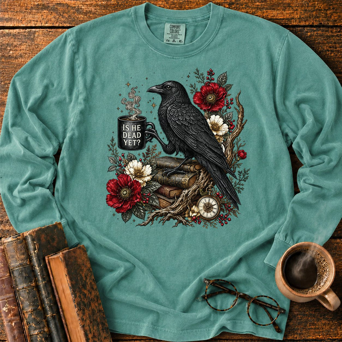 Raven, Mug And Old Books LS T-Shirt in Light Green – BooksThreads
