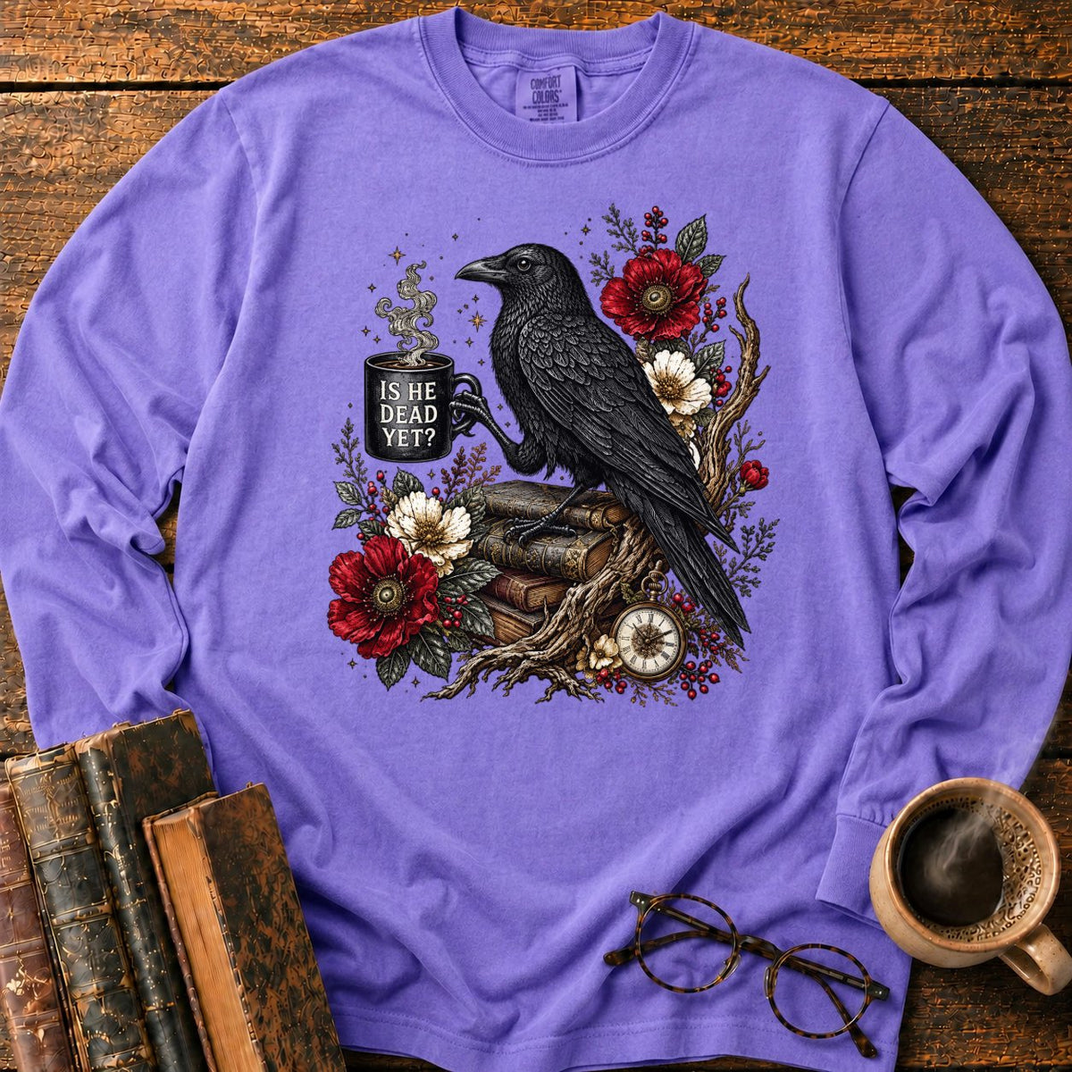 Raven, Mug And Old Books LS T-Shirt in Violet – BooksThreads